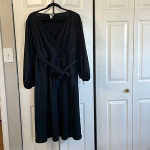 Ava & Viv Black Faux Wrap Midi Dress with Belt and Balloon sleeves Size X